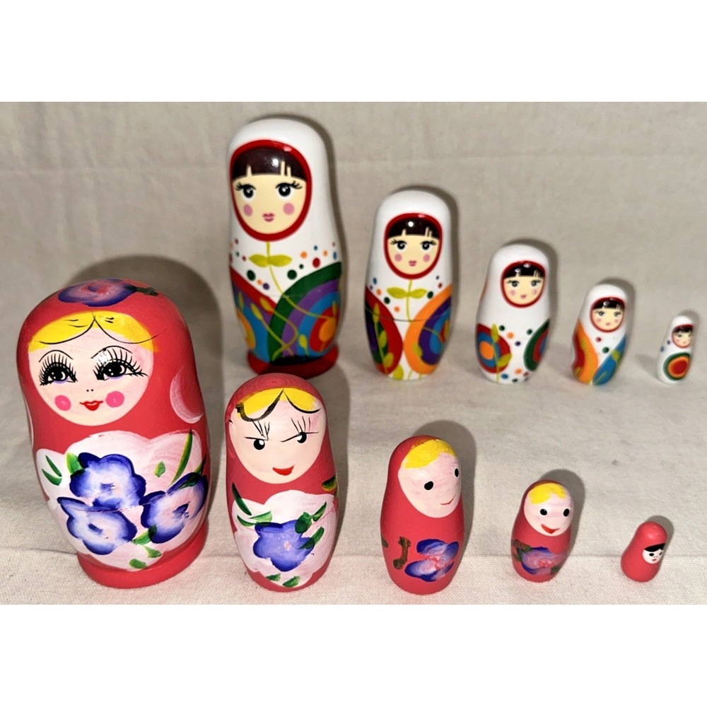 Vintage Russian Nesting Dolls Matryoshka Set Hand Painted Wood 2 Sets Colorful